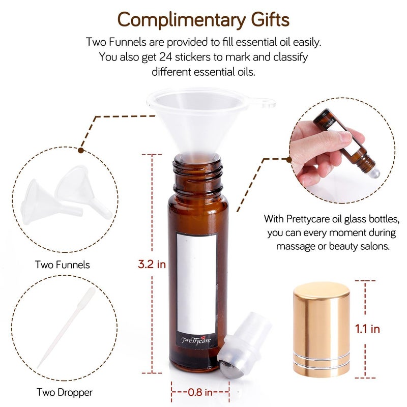 PrettyCare 24 Pack, 10 ml Essential Oil Roller Bottles with Stainless Steel Roller Ball - Refillable Leak-proof Empty Thick Amber Glass Roll on Bottles with Metal Caps for Travel, Perfume - Image 5